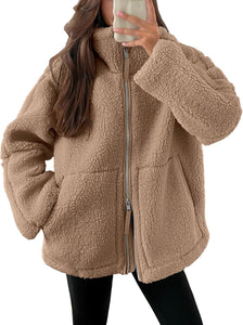 Casual Long Sleeve Oversized Warm Double Zipper Winter Teddy Jacket