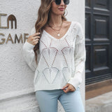 Women's Hollow-out Leaf V-neck Long-sleeved Knitted Sweater