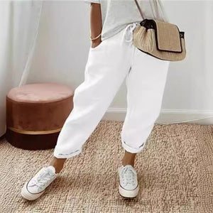 Cotton Linen Elastic-waist Cropped Pants Casual Women's Pants