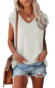 Women's Cap Sleeve V-neck Solid Color Casual Loose-fitting T-shirt