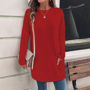 Women's Solid Color Long Sleeve Loose Round Neck Pocket Top T-shirt