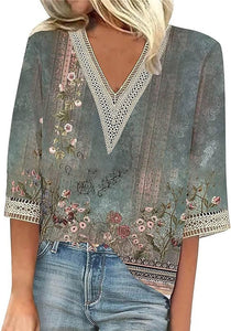 Wear Loose New Floral Print Stitching Lace Half Sleeve V-neck T-shirt