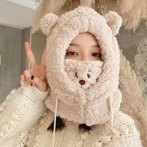 Cute Bear Plush Hat Winter Warm Thickened Scarf With Mask Anf Drawstring Design