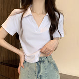 Slim-fit Solid Color Base Curved Hem Collar Simple Top