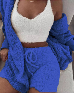 Winter Sexy Women Home Wear Suit Casual Pajamas Set Lady Female Soft Warm Long Sleeve Exposed Navel Vest Shorts Set