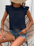 Round Neck Lace Solid Color Ruffled Short Sleeve