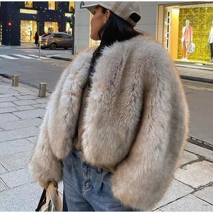 Women's Round Neck Long Sleeve Faux Fur Coat