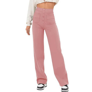 High Waist Trousers With Pockets Casual Loose Wide Leg Button Straight Pants Women's Clothing