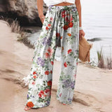 Fashionable Floral Art Printed Elastic Waist Drawstring Pocket Trousers