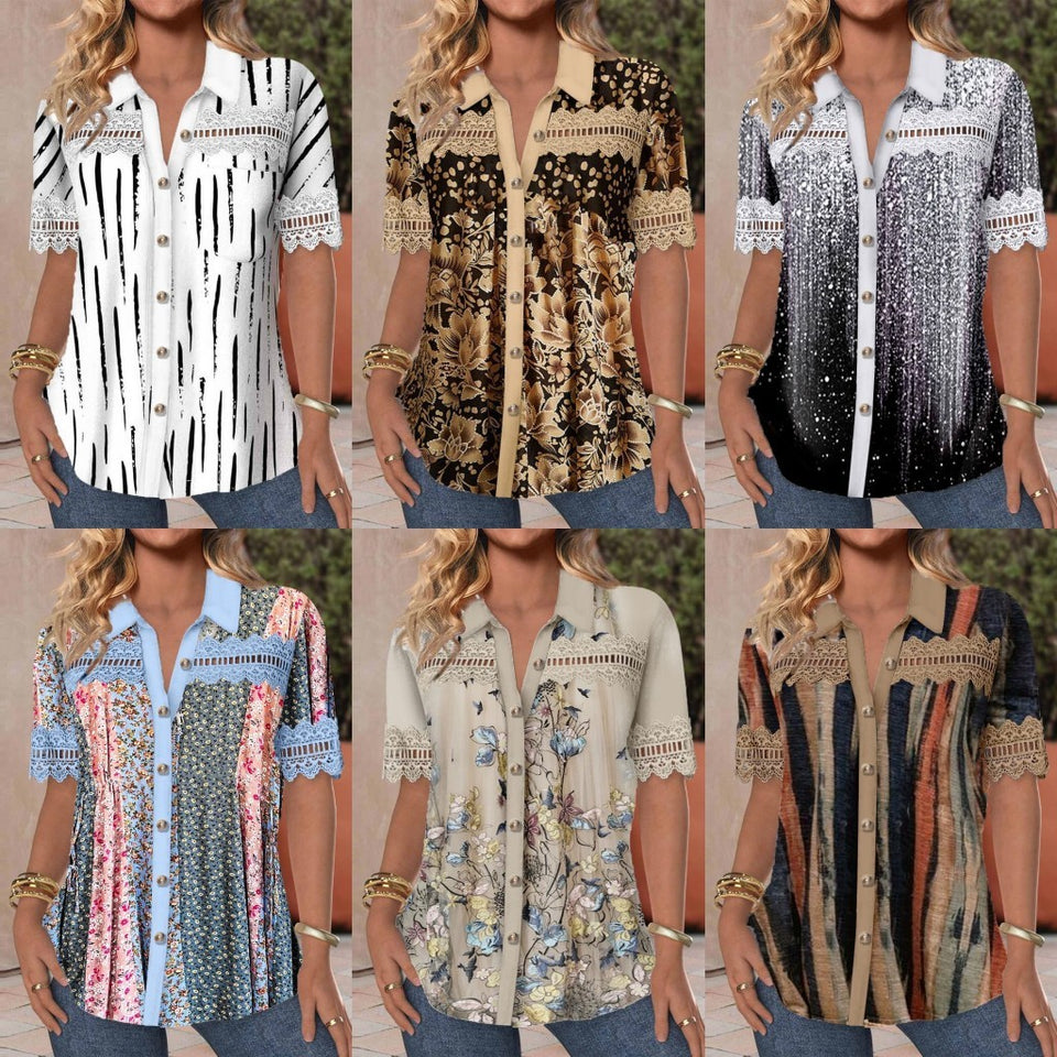 Women's V-neck Buttons Stitching Short Sleeve Casual Printed Shirt