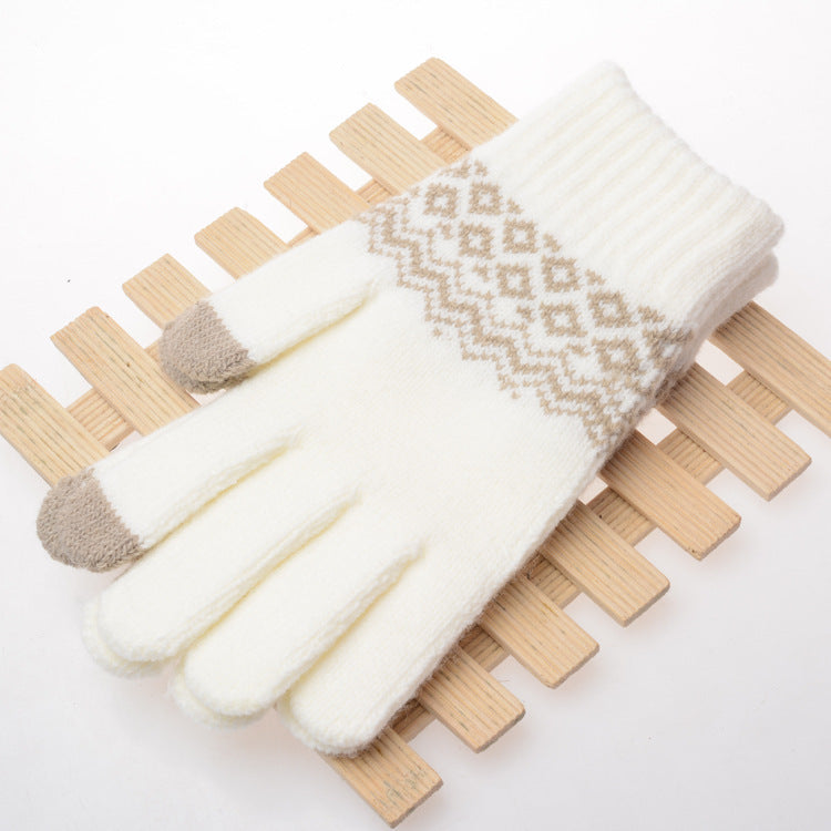 Knitted Wool Jacquard Touch Screen Thickening Ladies Adult Gloves