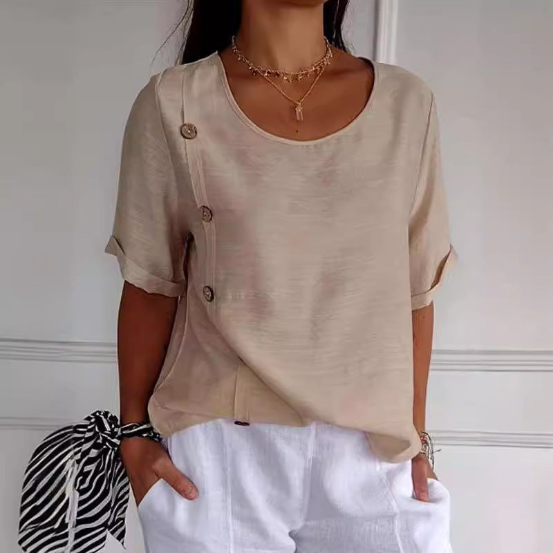 Casual Cotton And Linen Style Shirt Single Row Button Top Women's European And American