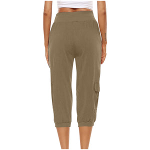 Women's Cropped Pants Cotton Linen Cargo Pocket Casual Pants