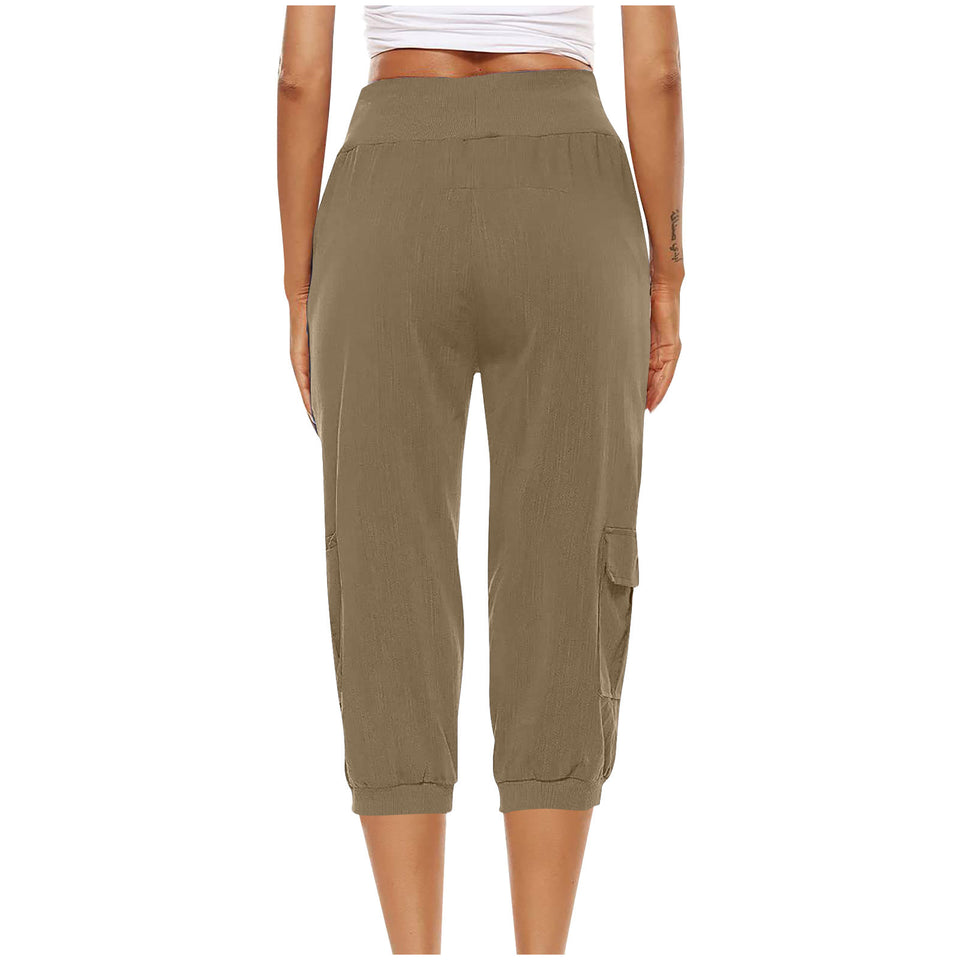 Women's Cropped Pants Cotton Linen Cargo Pocket Casual Pants