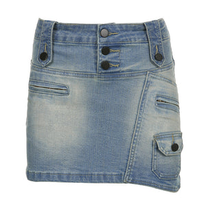 American Street Style Asymmetric Pocket Design Low Waist Denim Skirt