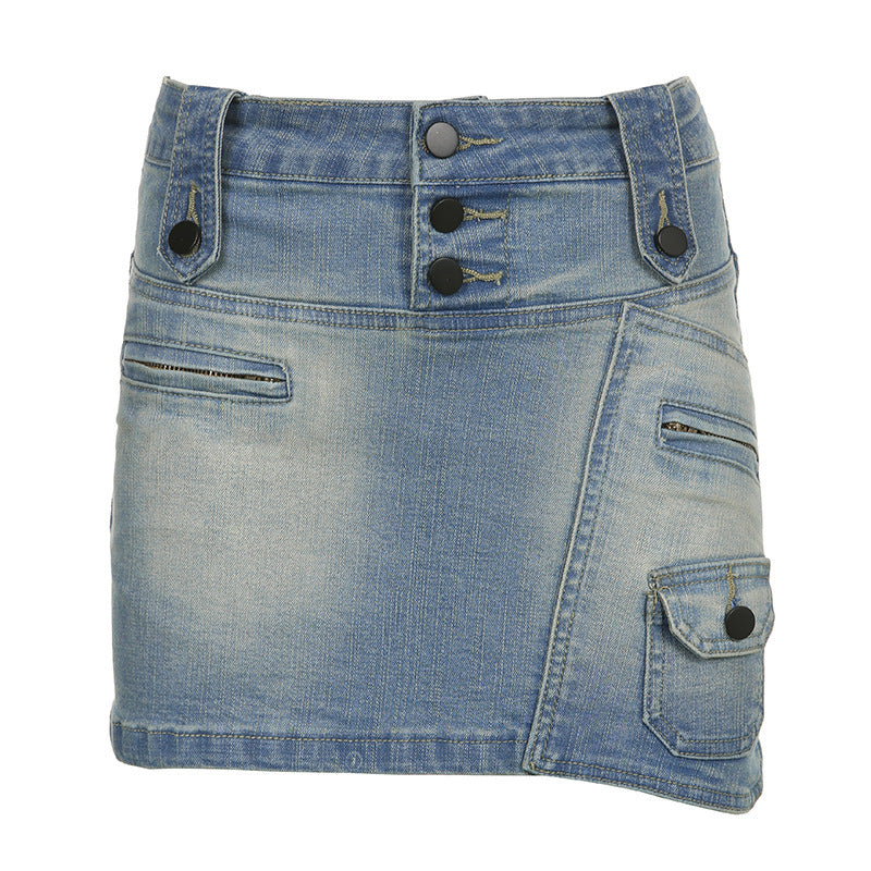 American Street Style Asymmetric Pocket Design Low Waist Denim Skirt