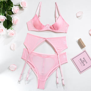 Pink Breast-exposed Hip Sexy Lingerie Three-piece Set New Hollow-out Beautiful Style Hip-exposed Hot