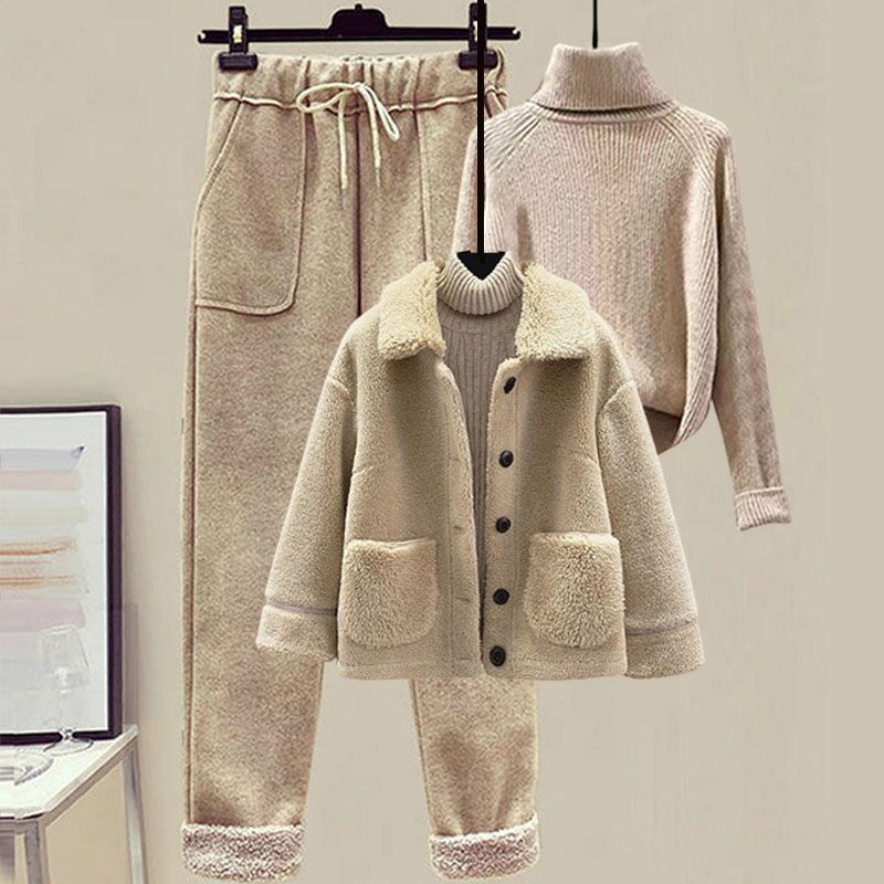 Lamb Wool Fur Sweater Casual Pants Three Piece Set Fashion Suit Women