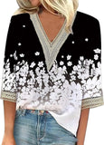 Wear Loose New Floral Print Stitching Lace Half Sleeve V-neck T-shirt