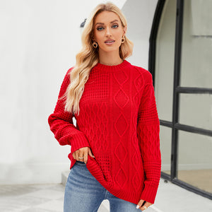 Casual Round-neck Pullover Sweater Fall Winter Solid Color Cable-knot Pattern Tops Women Clothing