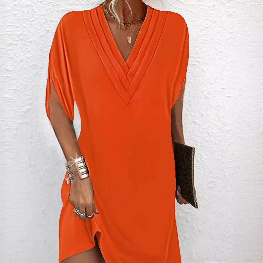 V-neck Pleated Batwing Sleeve Dress