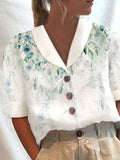 Women's Stand Collar Button Casual Half-sleeve Cotton And Linen Printed Short-sleeved Shirt