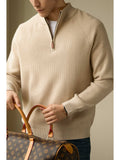 Stand Collar Half Zip Men's Solid Color Pullover Knitted Sweater