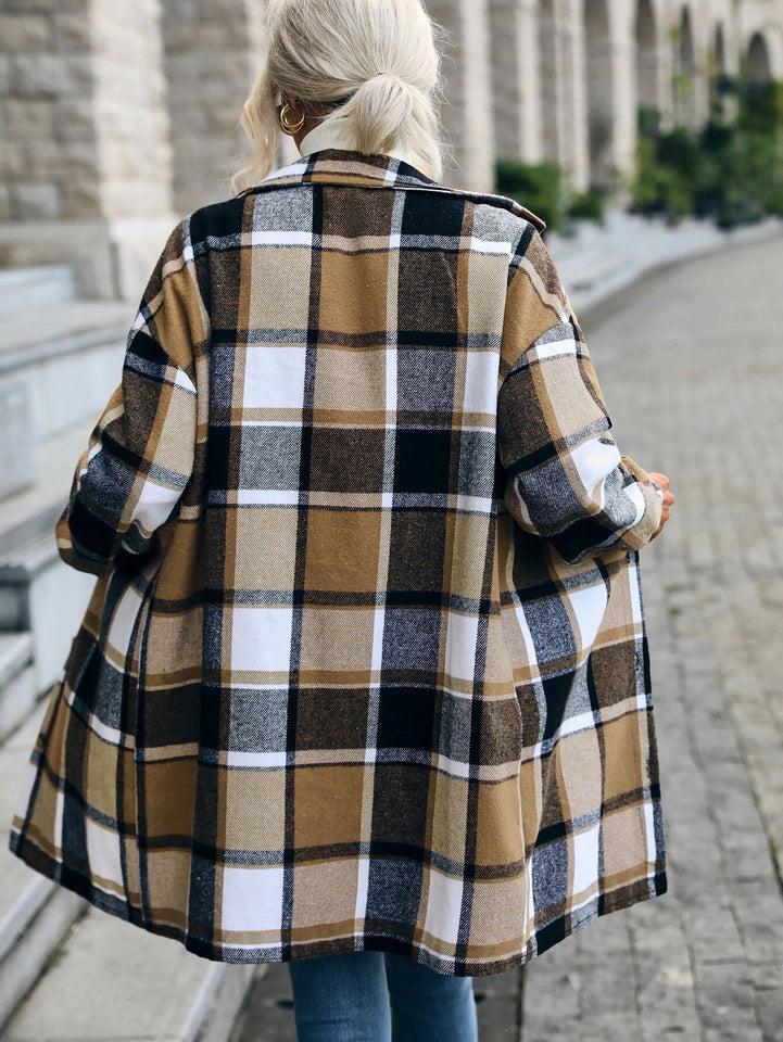 Women's Fashion Casual Plaid Printed Pocket Long Jacket