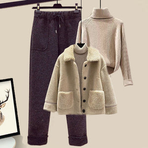 Lamb Wool Fur Sweater Casual Pants Three Piece Set Fashion Suit Women