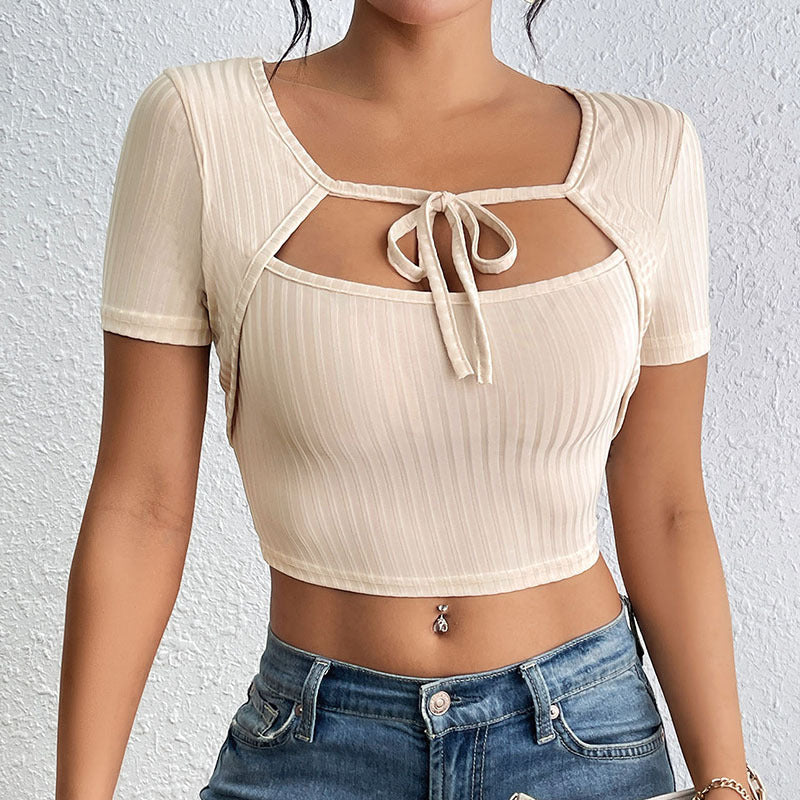 Women's Sunken Stripe Rib Lace-up Square Collar Top