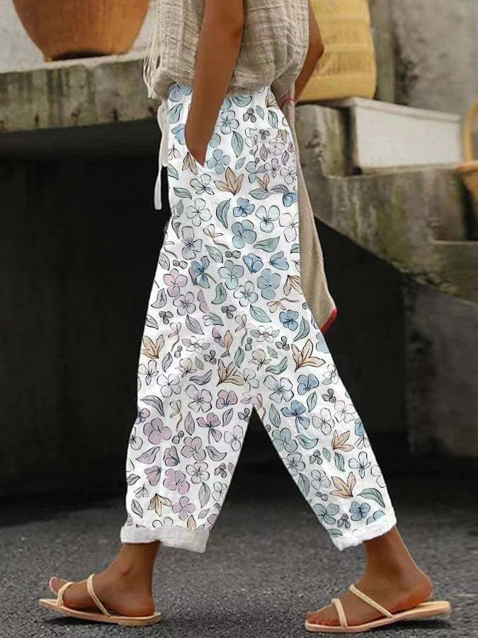 Pocket Casual Printed Elastic Waist Cropped Straight Pants